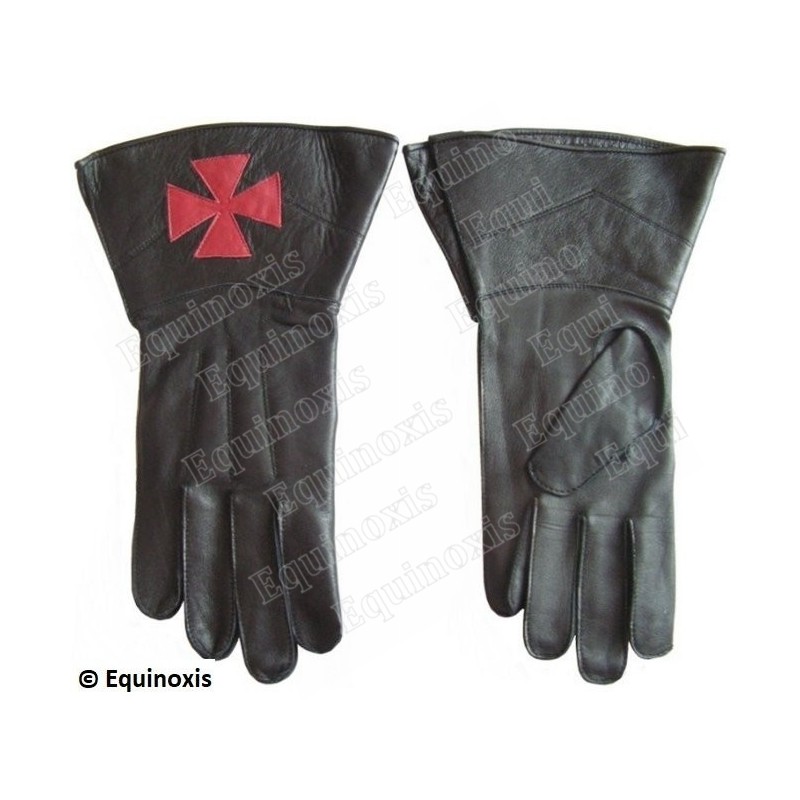 Black leather gauntlets – Red Templar cross – Size 8