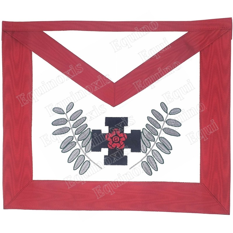 Tablier maçonnique en cuir – REAA – 18ème degré – Croix potencée, rose et acacia - Brodé machine