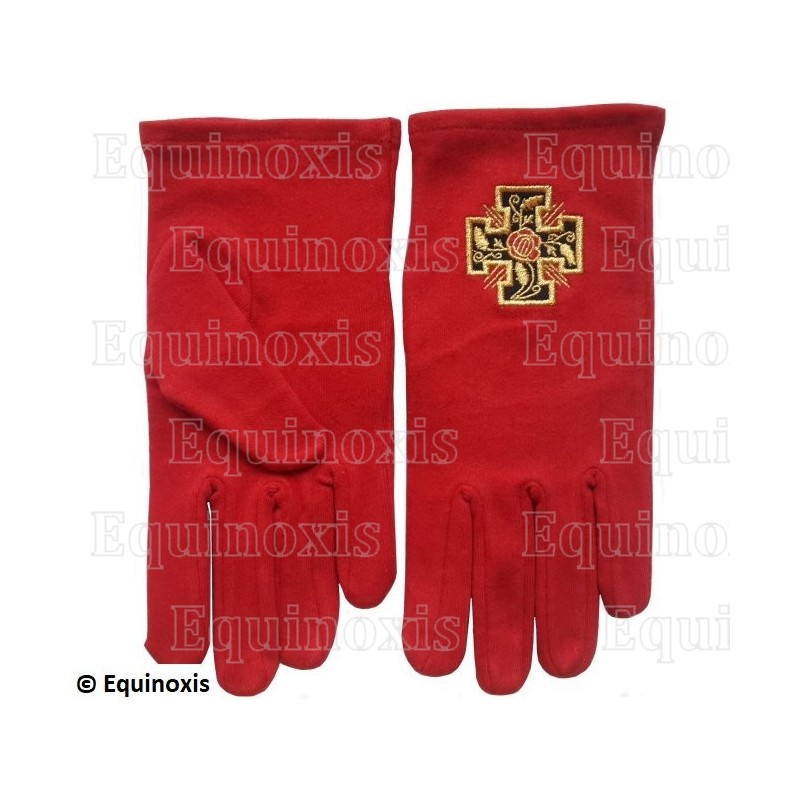 Red-cotton embroidered Masonic gloves – Scottish Rite (AASR) – 18th degree – Cross potent – Size XXXL