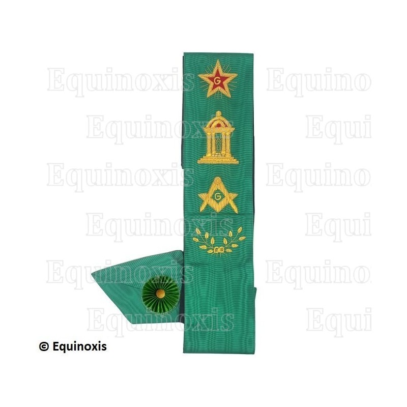 Masonic sash – Cerneau Rite – Master Mason – Blazing star, temple, square-and-compass, acacia – Hand embroidery