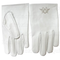 White-leather Masonic gloves – Silver square-and-compass – Size M