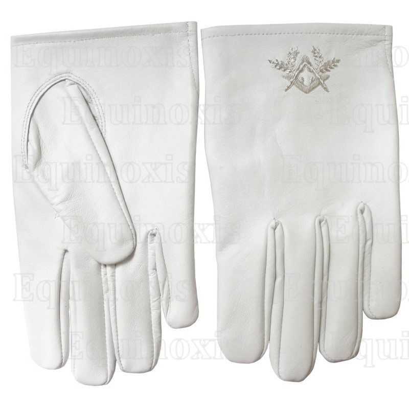 White-leather Masonic gloves – Silver square-and-compass – Size M
