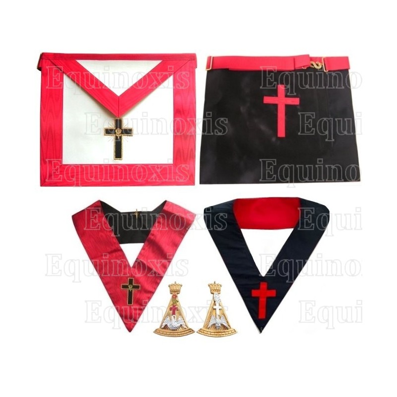 Ensemble 18ème degré – Souverain Prince Rose-Croix – Tablier faux cuir + sautoir brodés machine + bijou – Croix latine