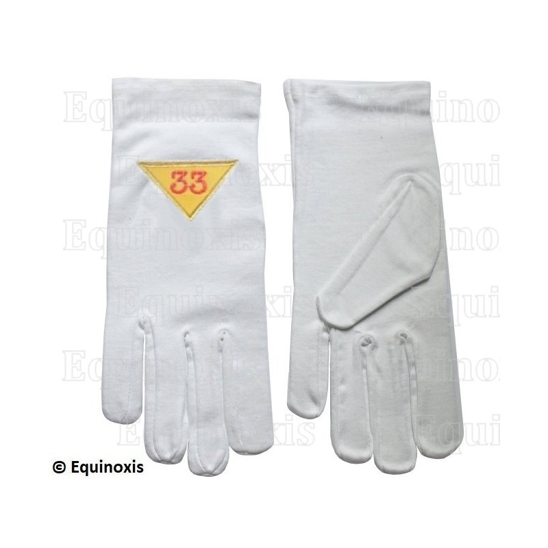 Gants maçonniques coton brodés – Scottish Rite (AASR) – 33rd degree – Triangle vers le bas – Size XXL