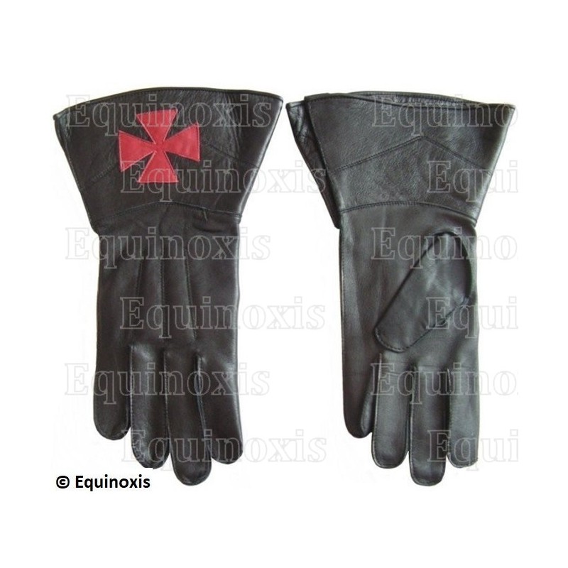 Gants cuir noir à crispins – Croix templière rouge – Taille L