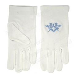 Masonic embroidered cotton gloves – Square-and-compass with acacia – Blue embroidery – Size XS