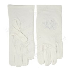 Masonic embroidered cotton gloves – Square-and-compass with acacia – White embroidery – Size XS