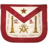 Tablier maçonnique en cuir – REAA – Maître – Equerre et compas + acacia + colonnes – Dos rouge