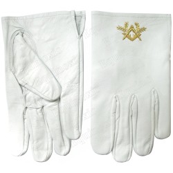 Gants maçonniques cuir blanc – Equerre et Compas dorés – Size XXXL – Hand embroidery